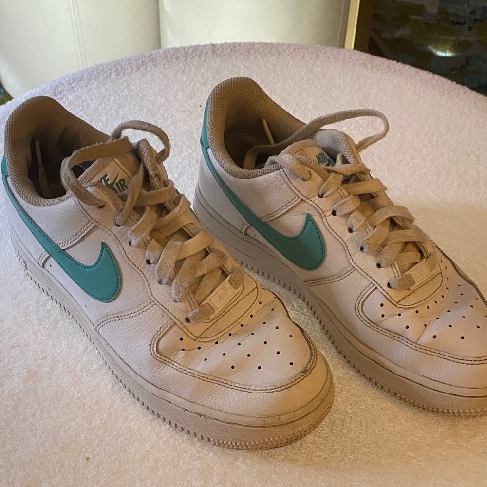 Nike White and Teal  Air Force 1 Athletic Shoes leather